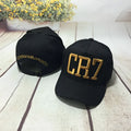 CR7 baseball cap in black with cotton satin weave, letter pattern, curled eaves and big brim.