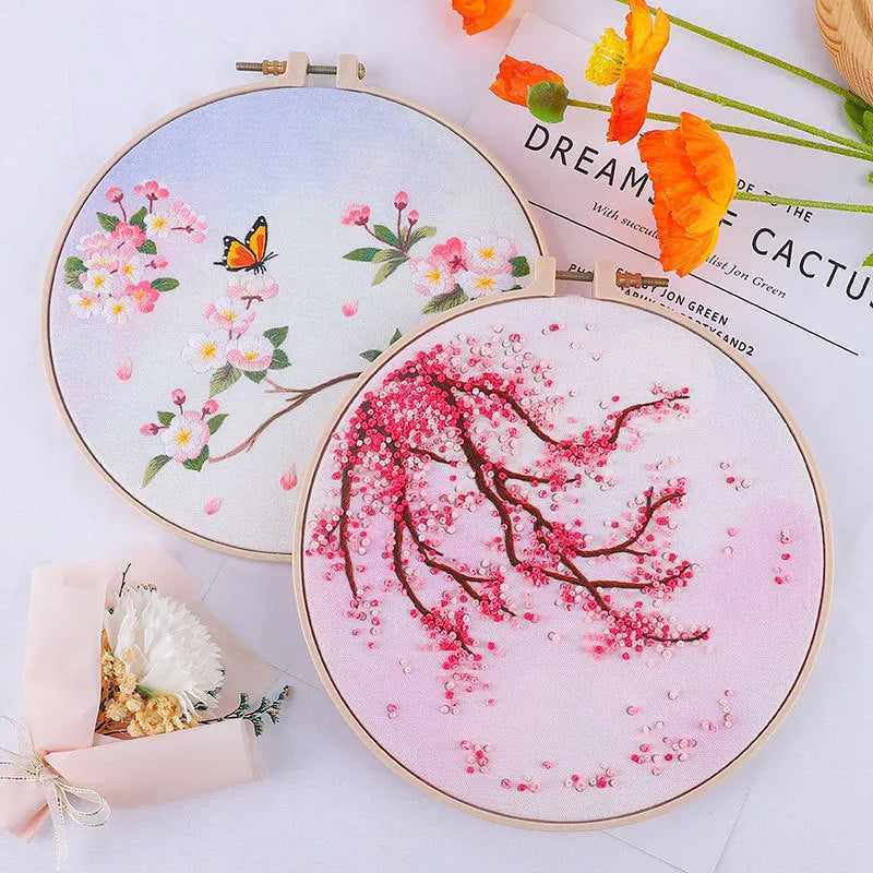 Nordic style embroidery fabric with grass leaf pattern on white canvas for beginner craft projects