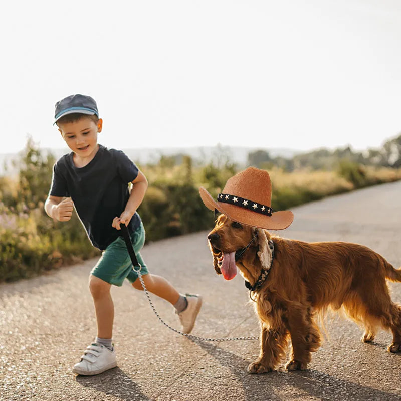 Soft adjustable star cowboy hat for pets on a cat or dog