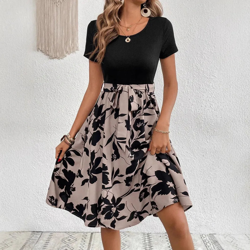 Women's khaki A-line dress with plant pattern printing and shoulder strap detail