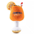 Yellow plush beer bottle dog toy with squeaker on white background