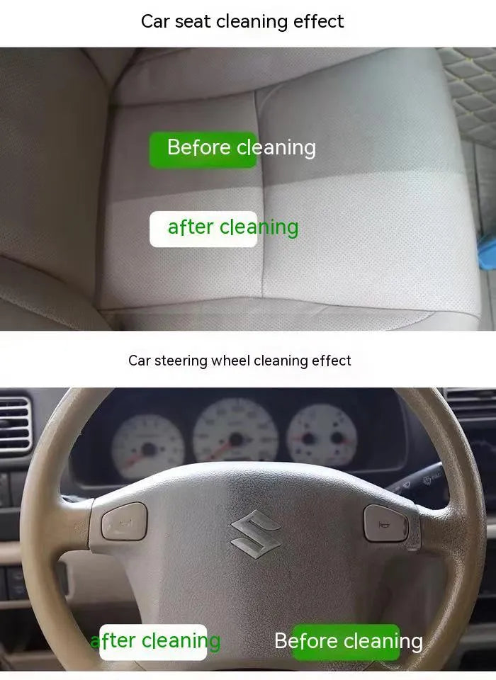 Bottle of enzyme-based fabric ceiling cleaner with towel and sponge wipes on a car roof
