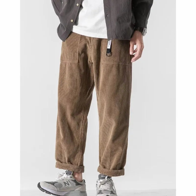 Loose straight tapered pants in dark grey, black, or khaki with wide legs and straight-leg opening