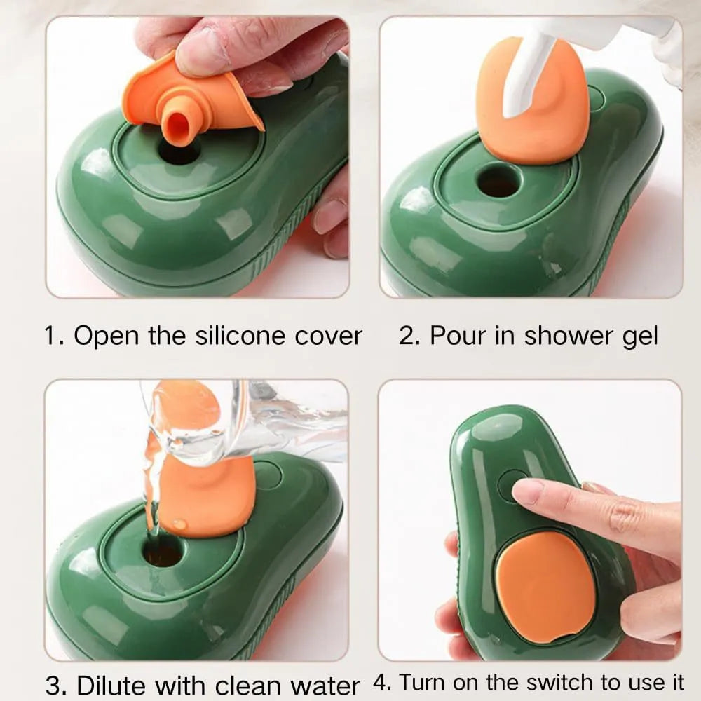 Green and white cat steam brush with water spray function, measuring 11cm by 7.5cm by 5.5cm