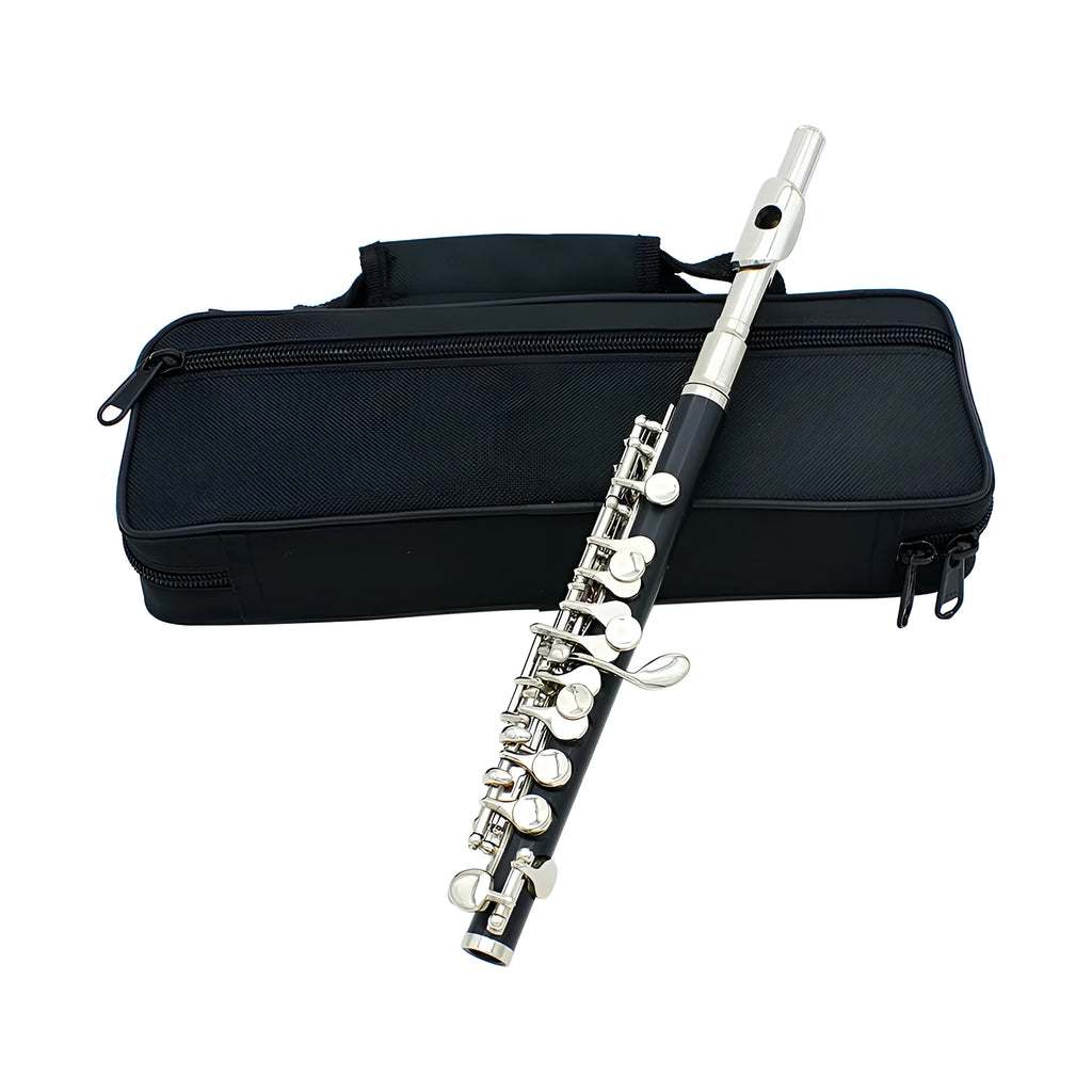 C key piccolo with bakelite tube body and silver plated finish, 31cm, shown with cloth box and cleaning accessories