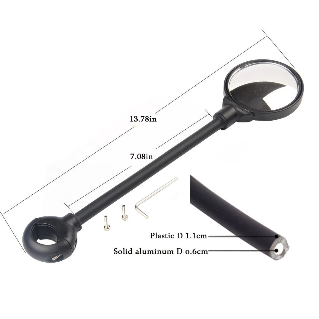 Black metal bicycle rearview mirror with hose adjustment system shown in dual pack configuration
