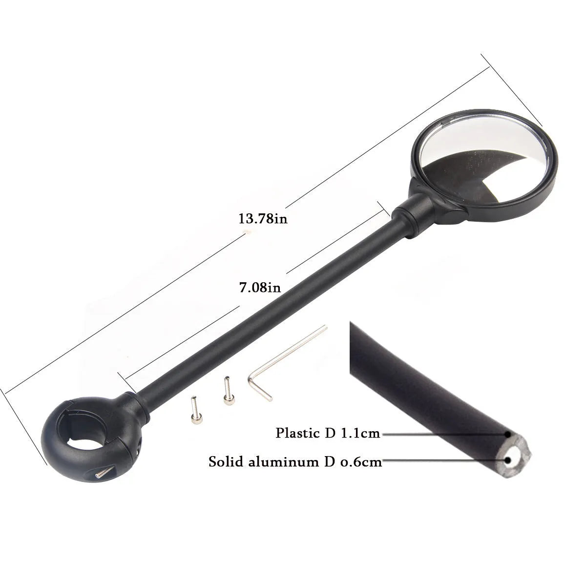Black metal bicycle rearview mirror with hose adjustment system shown in dual pack configuration