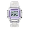 Transparent small square table watch with 43mm round dial, resin case, PU strap, and stainless steel pin buckle.