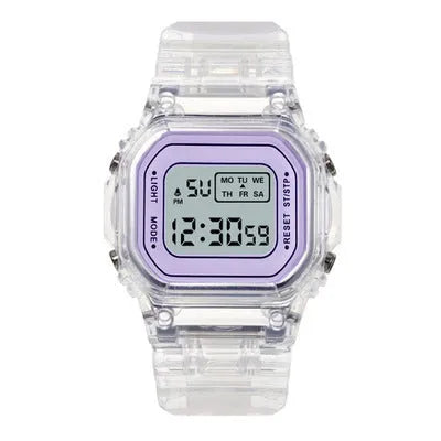 Transparent small square table watch with 43mm round dial, resin case, PU strap, and stainless steel pin buckle.