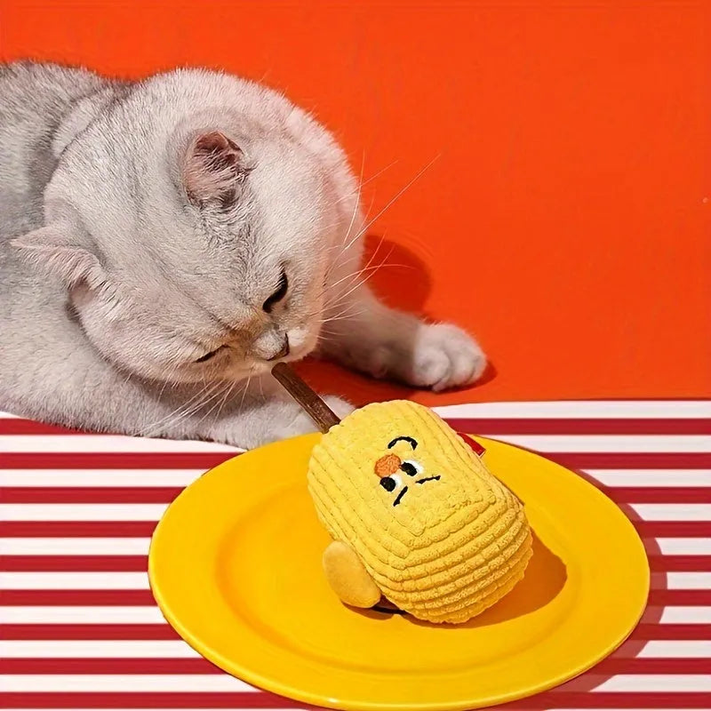 Corn cob-shaped cat toy made from natural polio wood, dimensions 7x6x15cm, for dental care and play