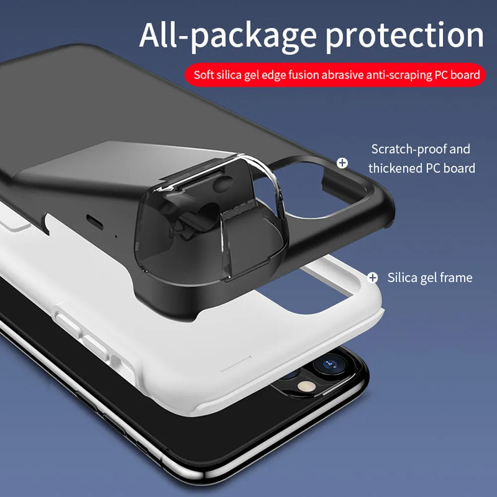 Black phone case with a slot on the back holding a white AirPods charging case