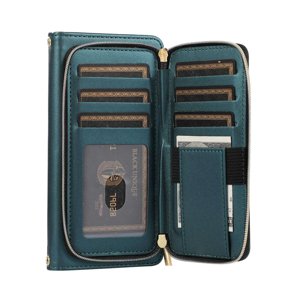 Crossbody Samsung phone case with large card holder, flap, lanyard, and magnetic suction in black