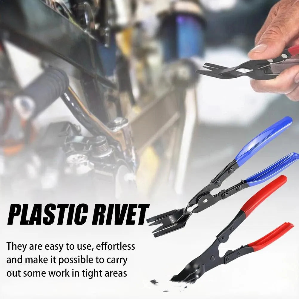 Blue steel car interior clip removal pliers showing 235mm length and 32mm working head