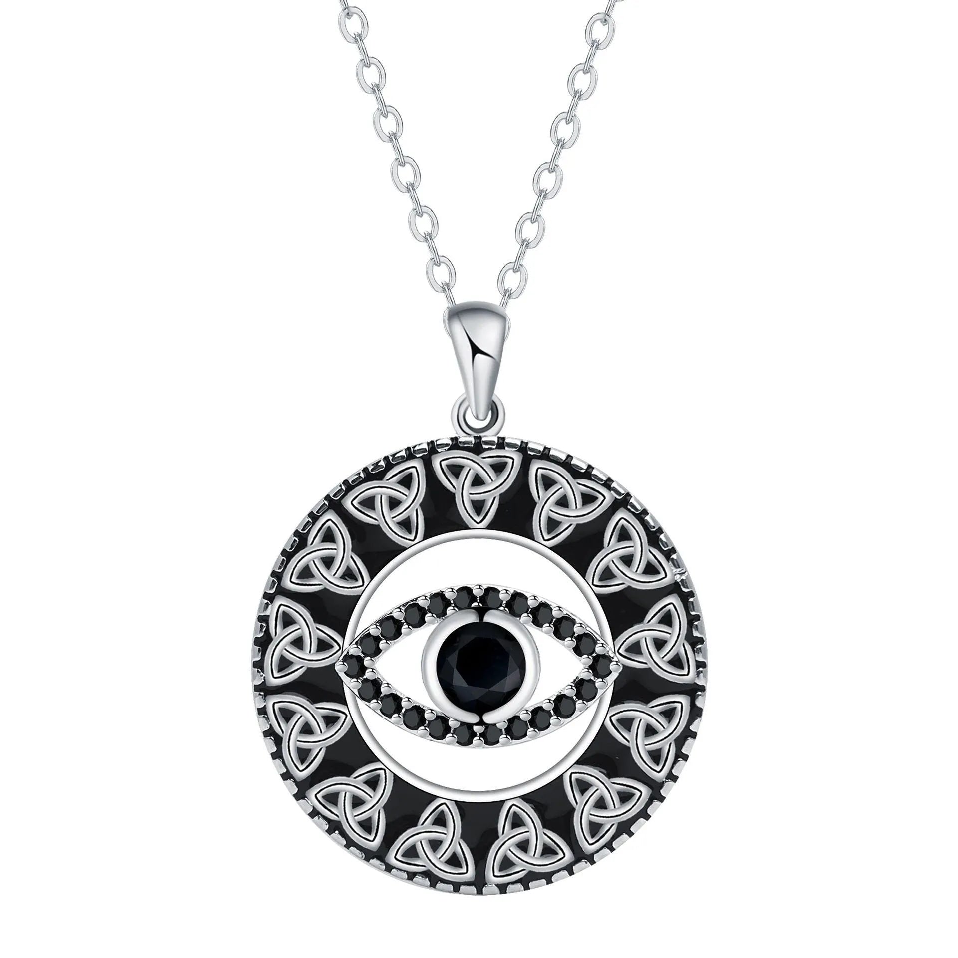 Copper devil's eye pendant necklace on a cross chain for women.