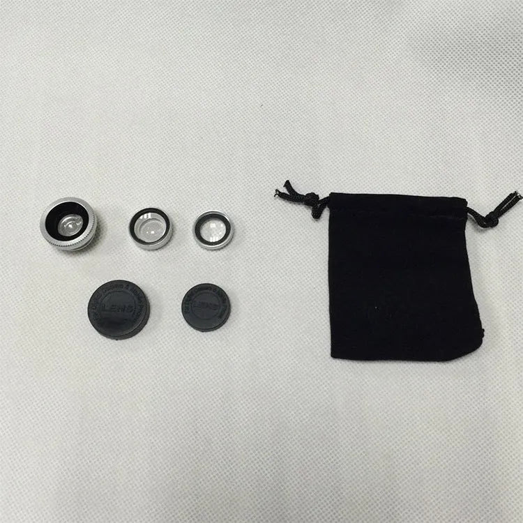 Three-in-one mobile phone lens kit showing fisheye, wide-angle, and macro clip-on attachments on a smartphone.