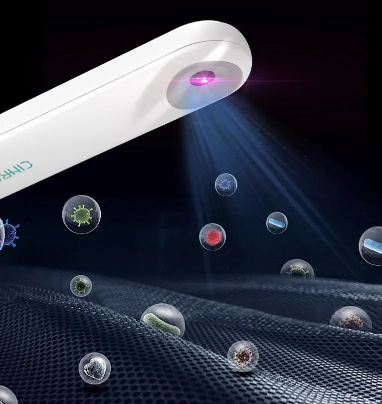 White portable UV steriliser showing dimensions and 60-degree light angle for surface disinfection