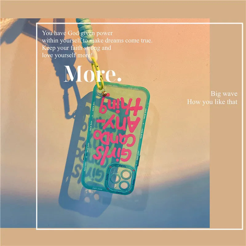 Graffiti design personalised TPU phone case with attached lanyard for Apple iPhone in mint green colour