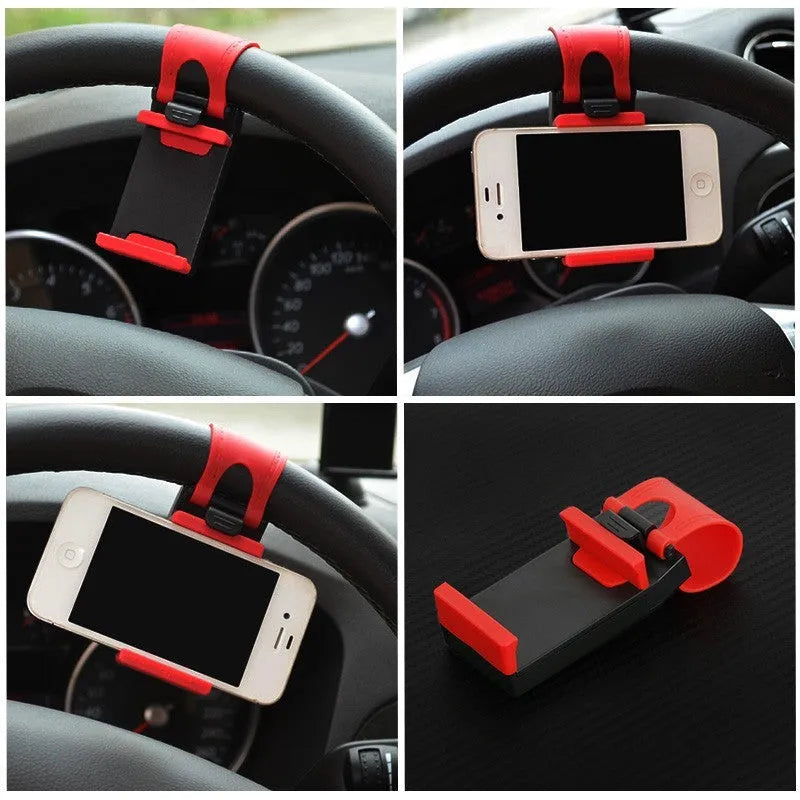 Black steering wheel phone mount with adjustable clip and 360-degree ball joint holding mobile device