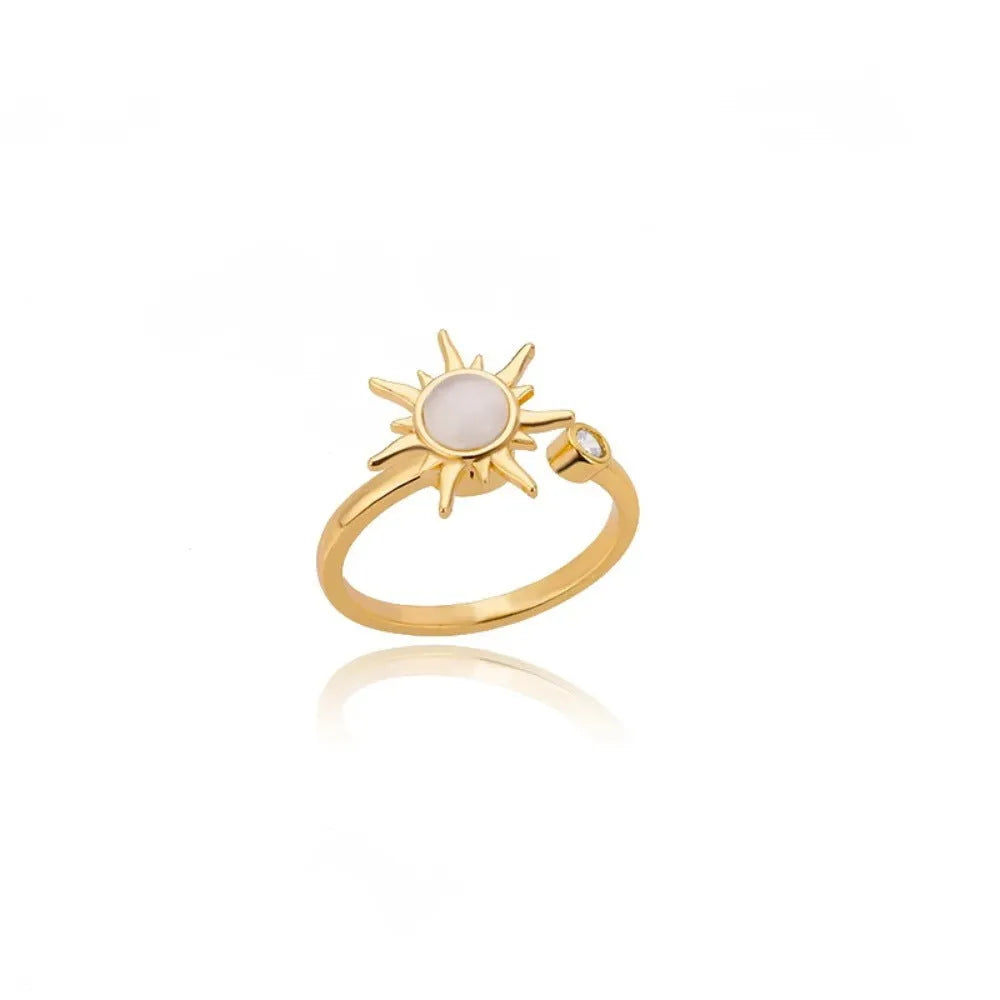 Simple geometric gold adjustable fidget ring with rotating band on a finger