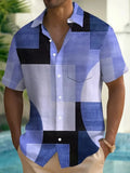 Men's short sleeve cardigan with a retro geometric square pattern in contrasting colours, shown in a loose fit.