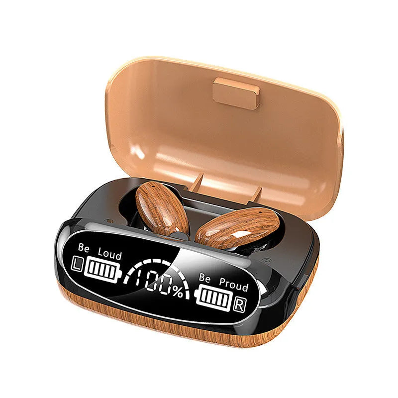 M35 wood grain true wireless Bluetooth earphones with charging case on display.