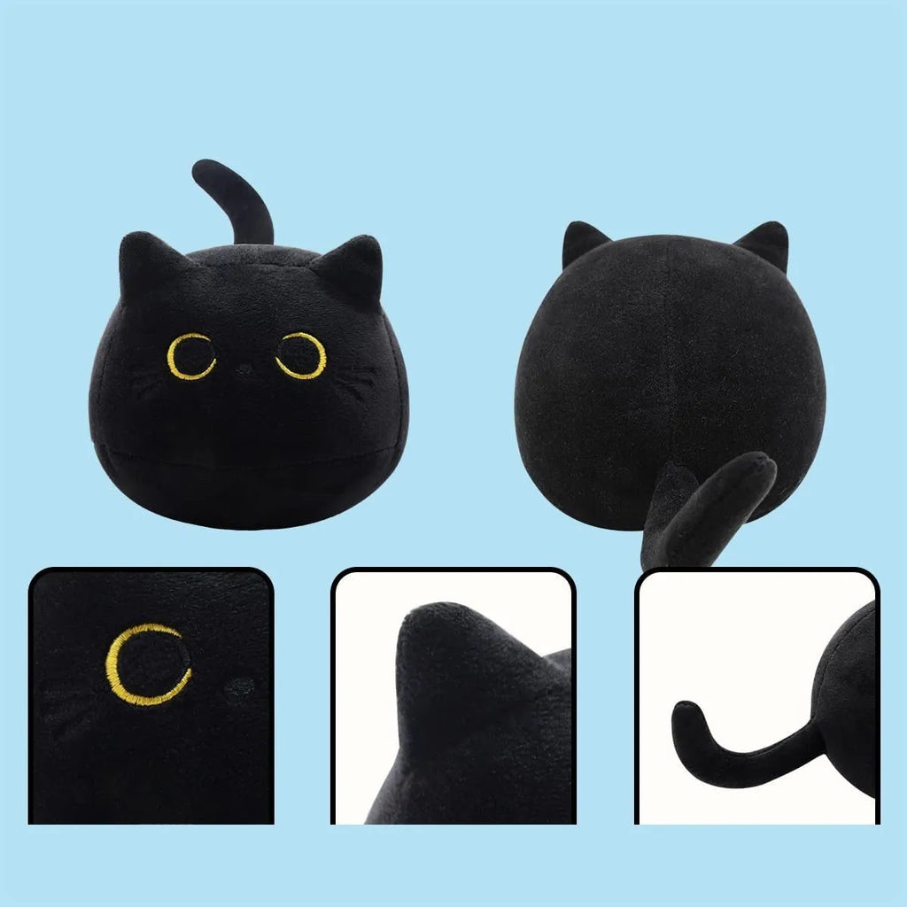 Fluffy black cat plush toy with soft texture, shown as a decorative cushion