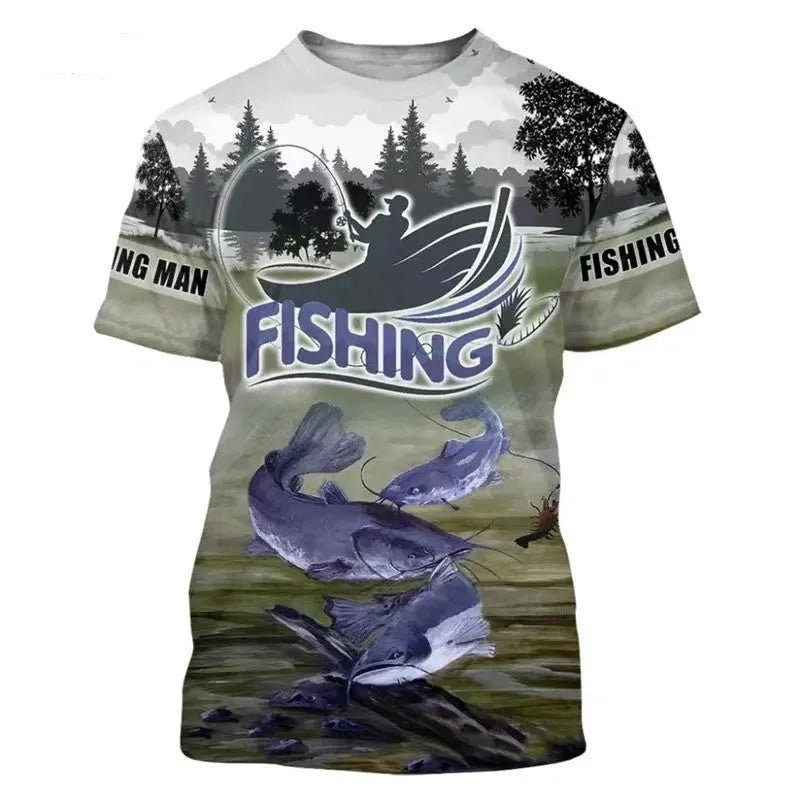 Men's loose fit grey t-shirt with a detailed digital print fishing scene design on the front.