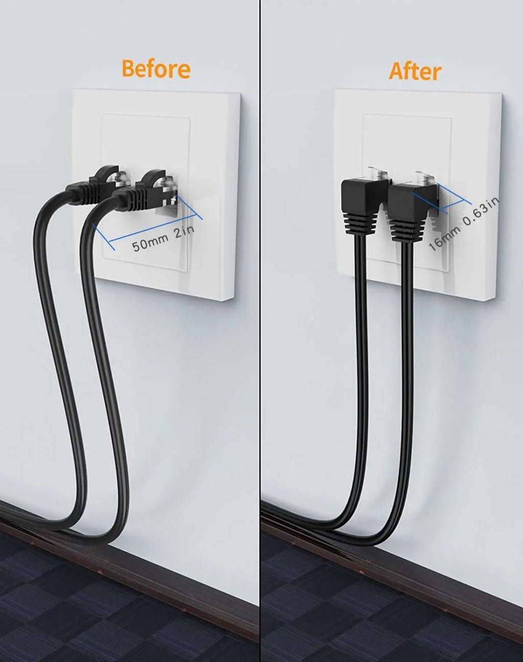 Cat6 Ethernet cable with right-angle RJ45 connectors in black, showing metal construction and length options for network setups