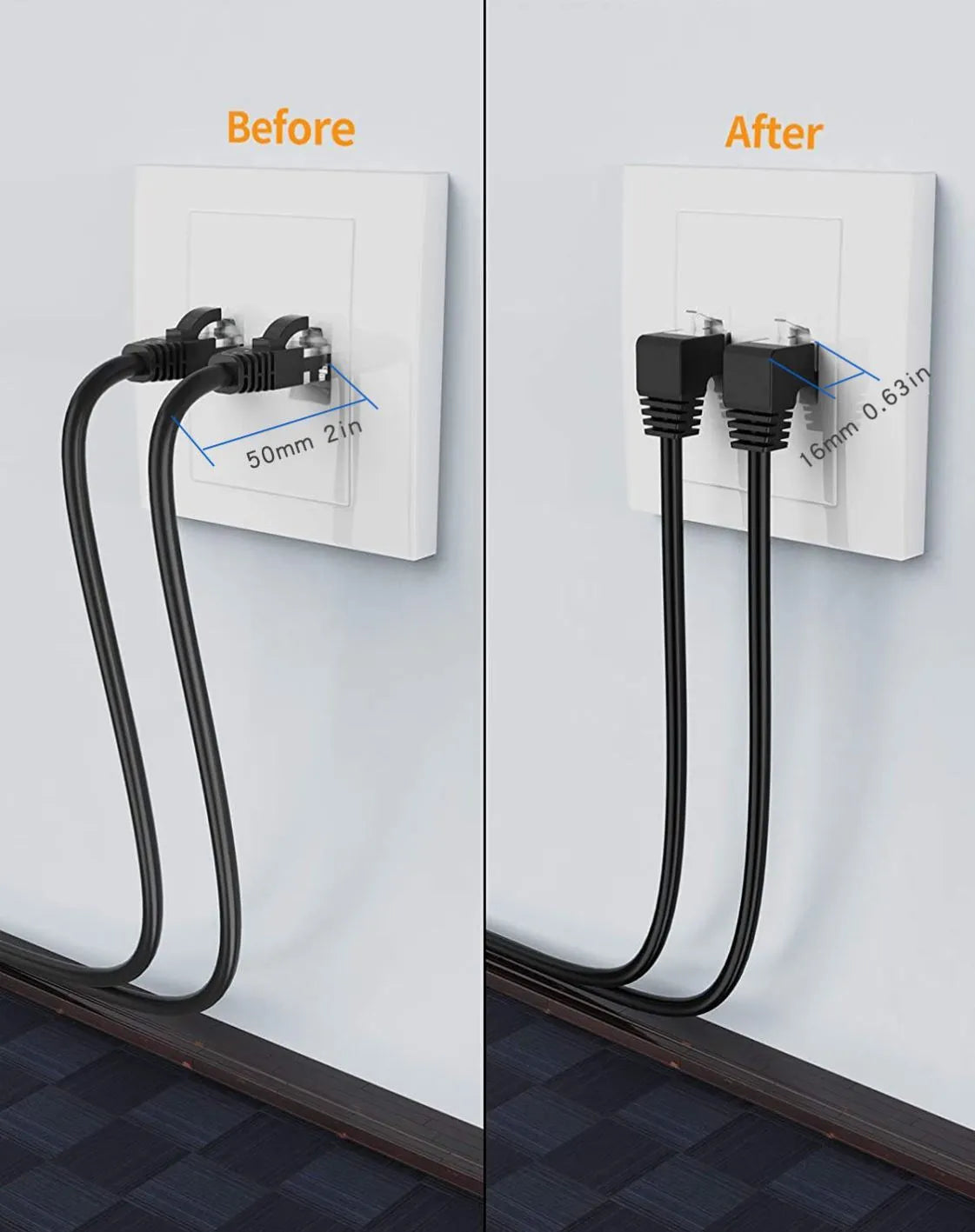 Cat6 Ethernet cable with right-angle RJ45 connectors in black, showing metal construction and length options for network setups