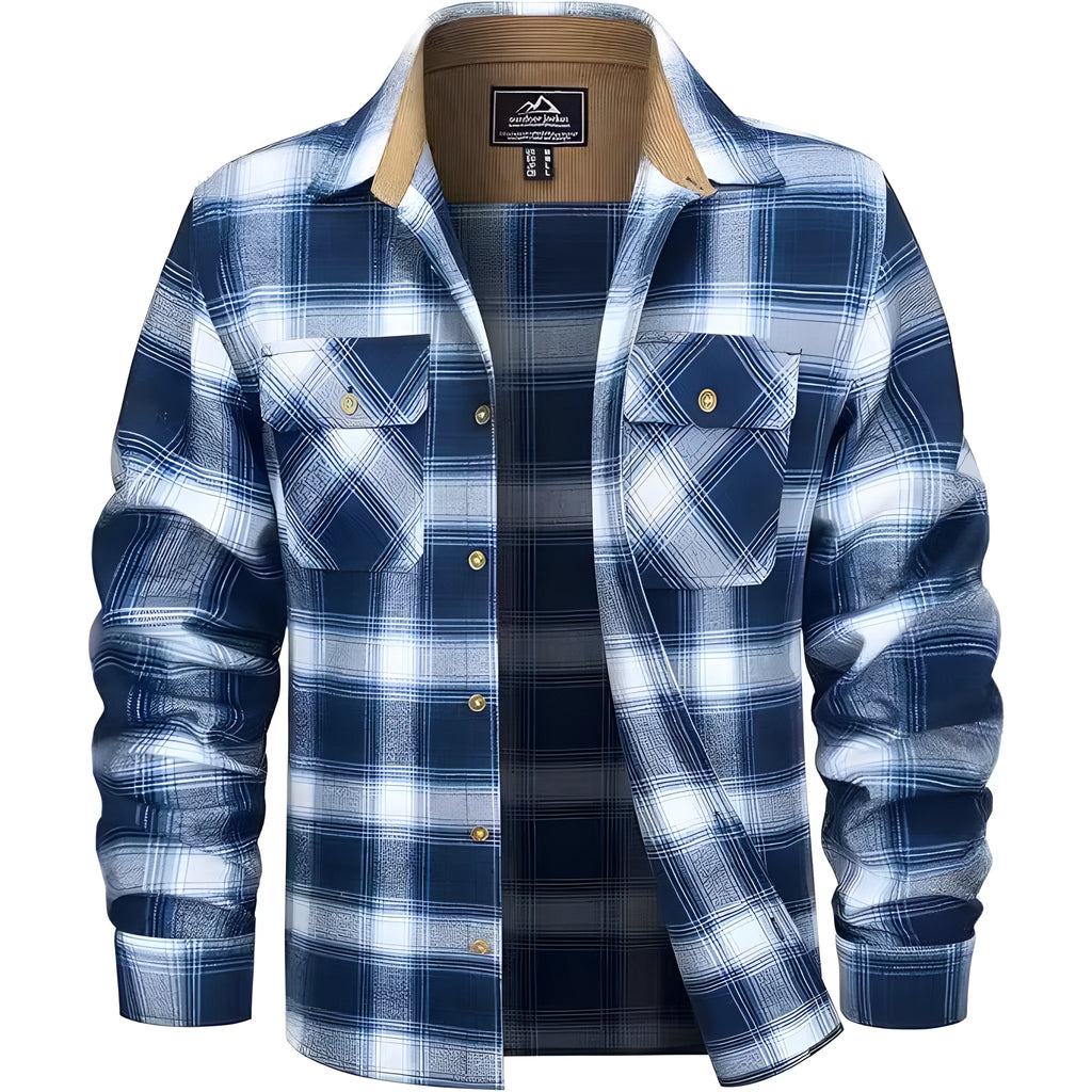 Men's button-down flannel shirt in a plaid pattern, shown on a hanger.