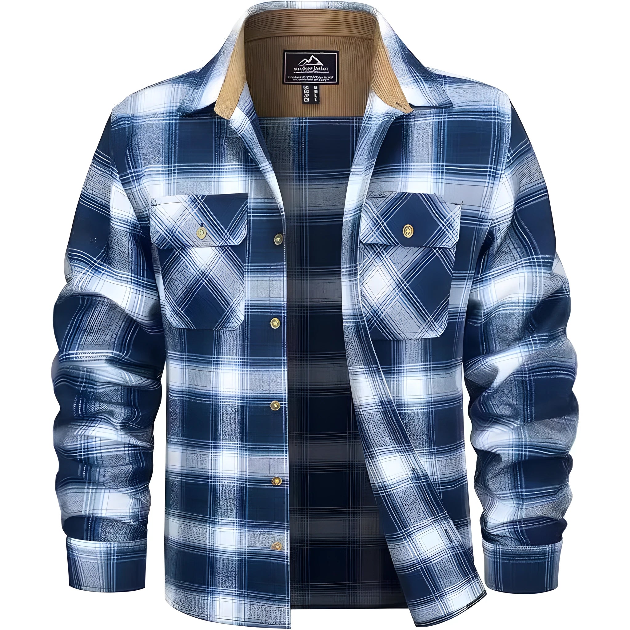 Men's button-down flannel shirt in a plaid pattern, shown on a hanger.