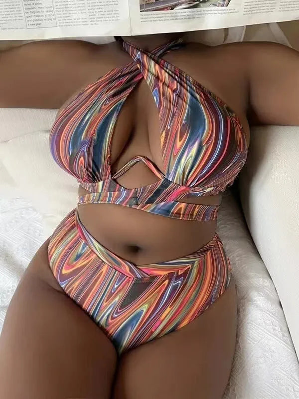 Women's floral print high waist bikini swimsuit on a hanger