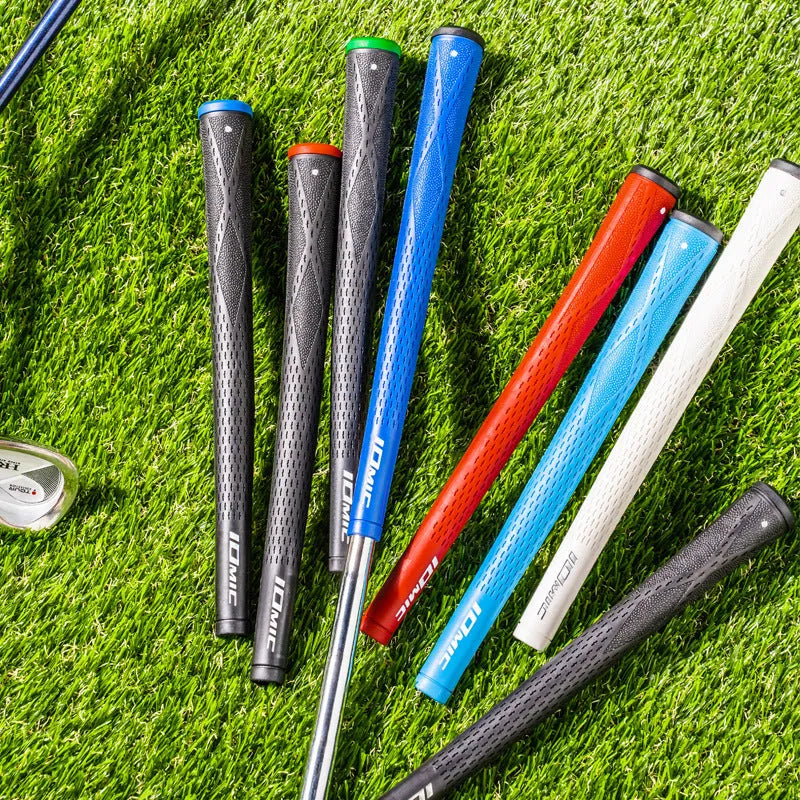 TPE golf club grip showing non-slip texture, available in multiple colours including pink, red, blue, white, and black combinations