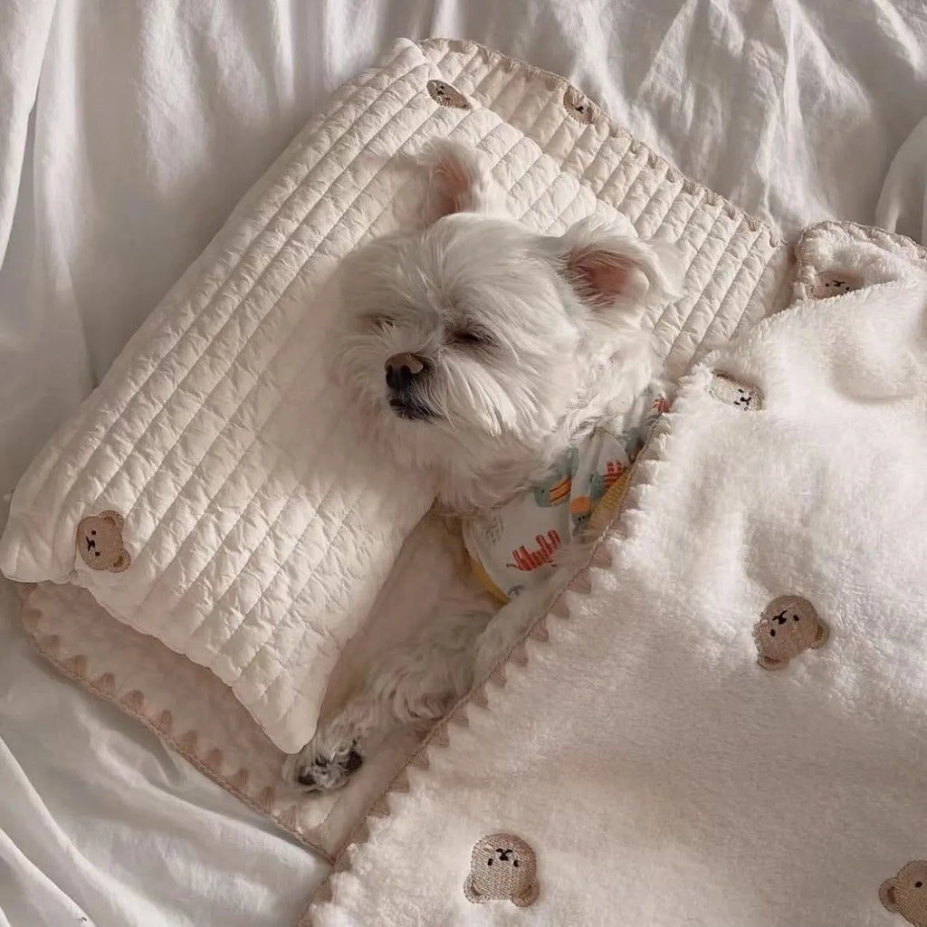 Simple bear pattern dog bed set with square mattress, pillow, and matching comforter