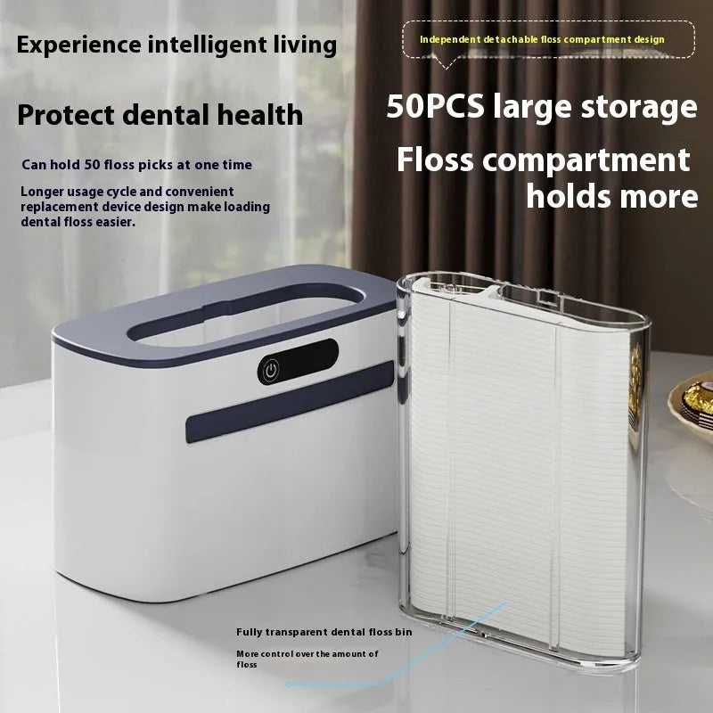 Intelligent Induction Dental Floss Box in dark grey, light grey, and gold with automatic pop-up mechanism and rechargeable battery