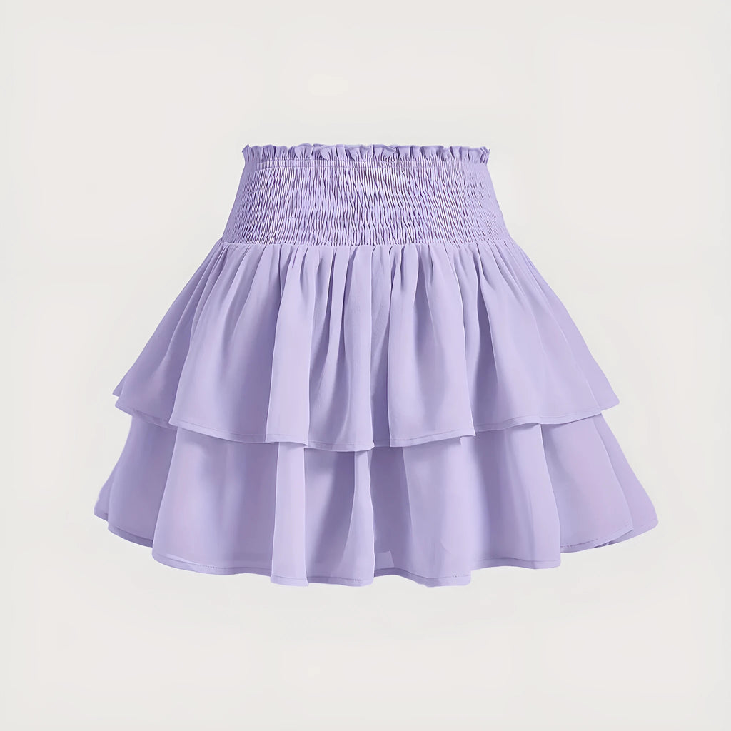 Puff short A-line skirt with high waist and ruffles, shown in purple or yellow, sizes S-XXL.