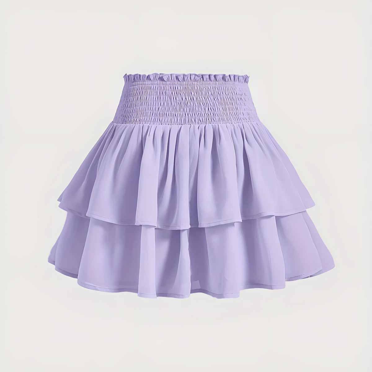Puff short A-line skirt with high waist and ruffles, shown in purple or yellow, sizes S-XXL.