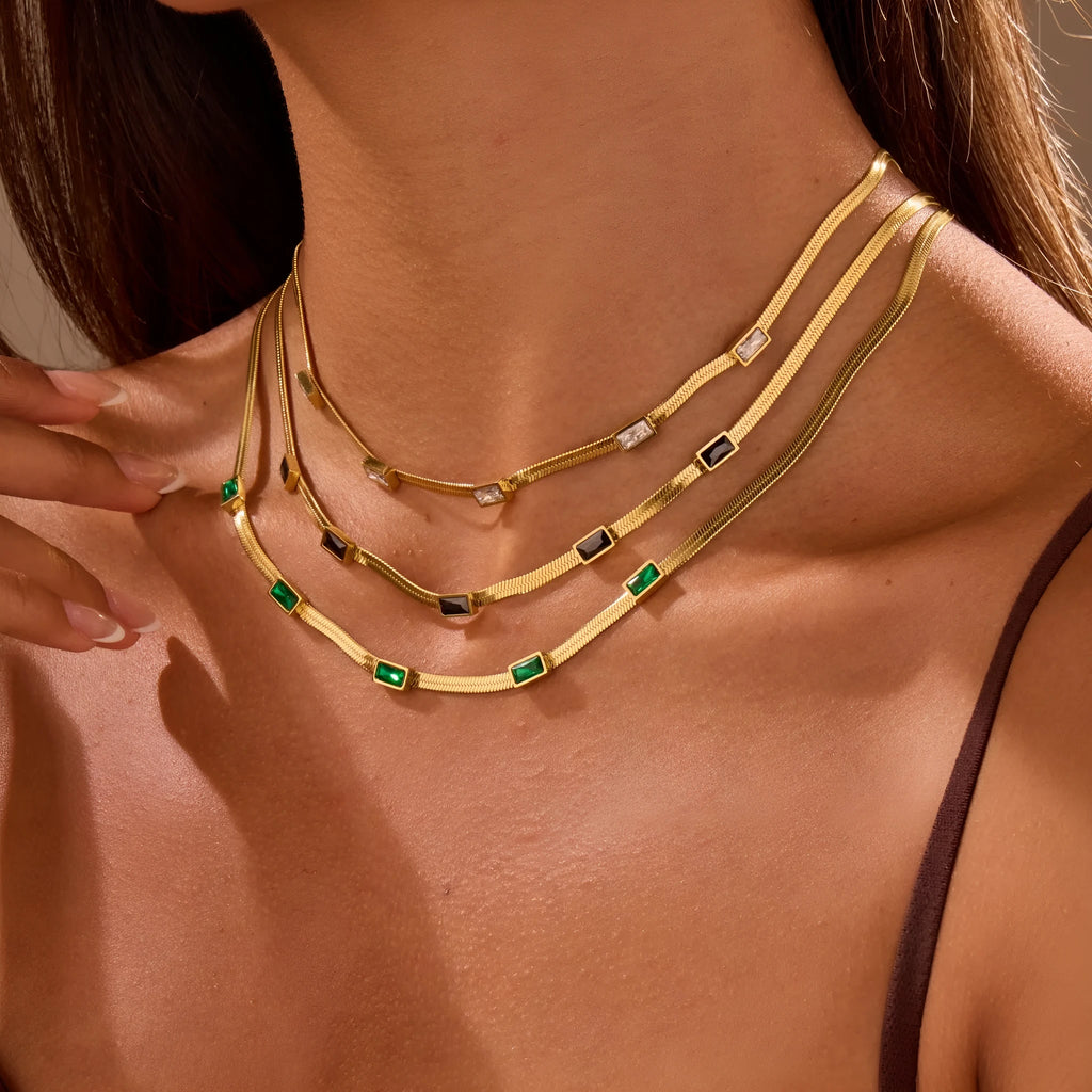 Geometric square zircon pendant necklace on flat snake chain in gold or steel colour