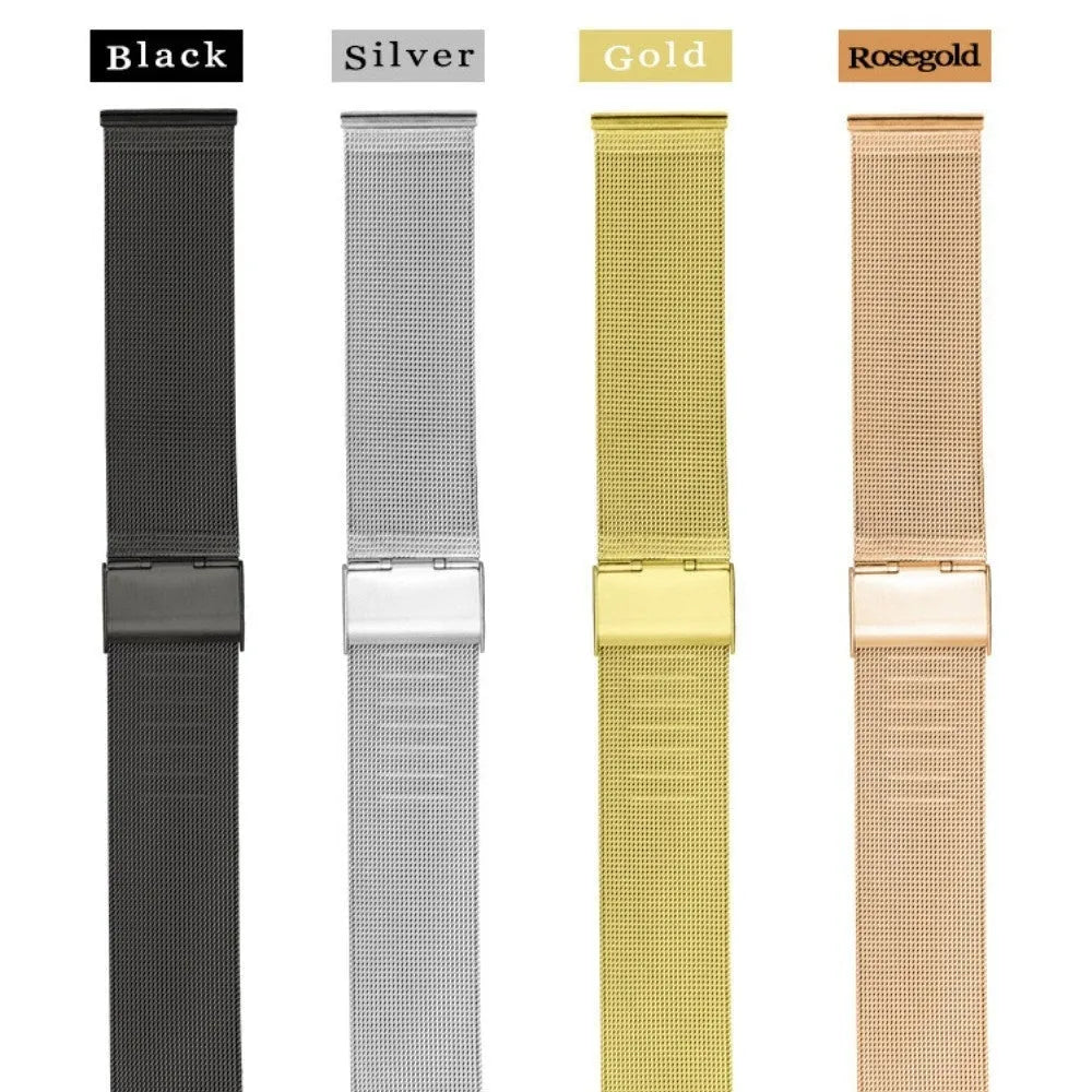 Milani silk woven stainless steel watch band showing texture detail and available colour finishes
