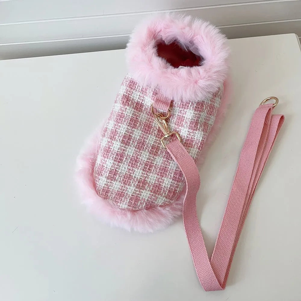 Pink polyester cat cape set with beret and drawstring for chest and back traction support