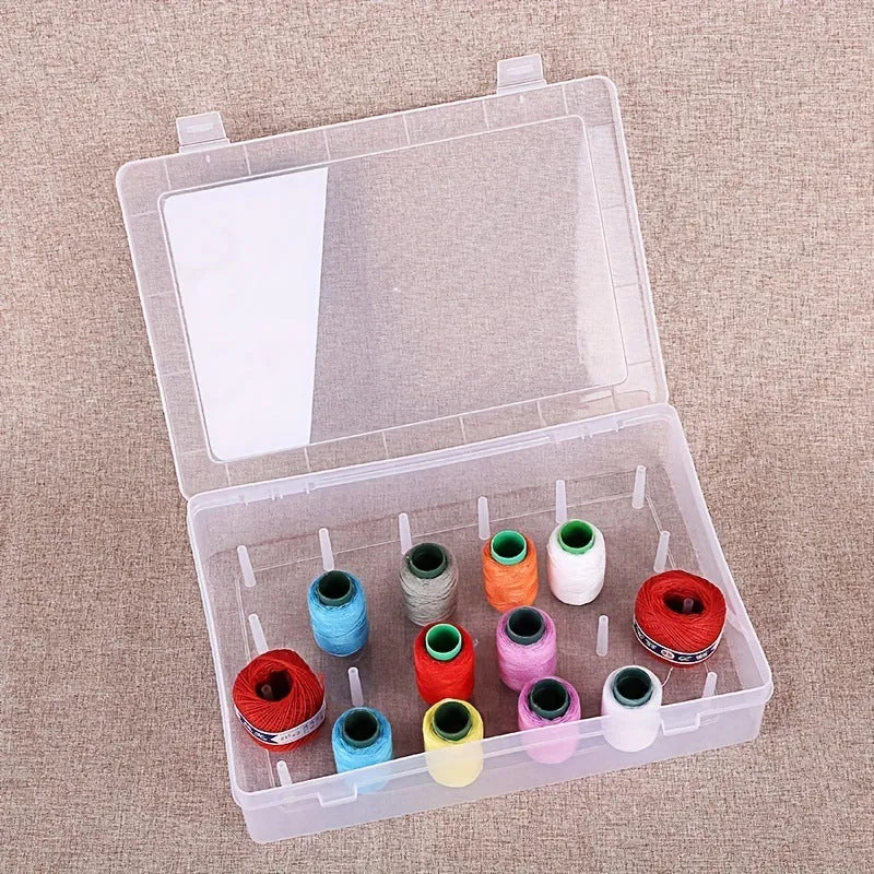 42 compartment plastic sewing tool organiser box with transparent lid showing needles and embroidery tools inside