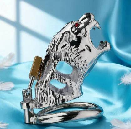 Yellow tiger head hollow stainless steel chastity lock in 40mm, 45mm, and 50mm sizes
