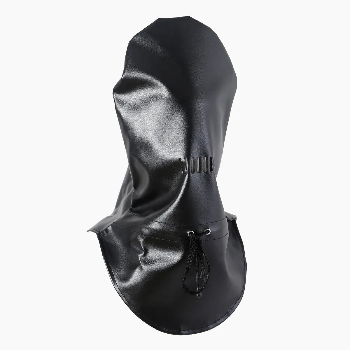 Black leather headgear mask with adjustable straps and breathable design