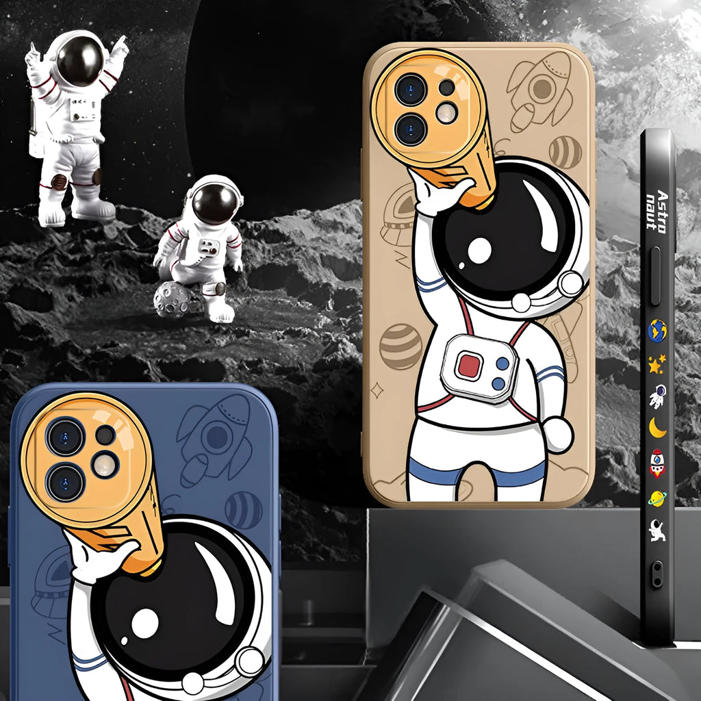 Colourful cartoon astronaut and planet design on a black silicone case for iPhone.
