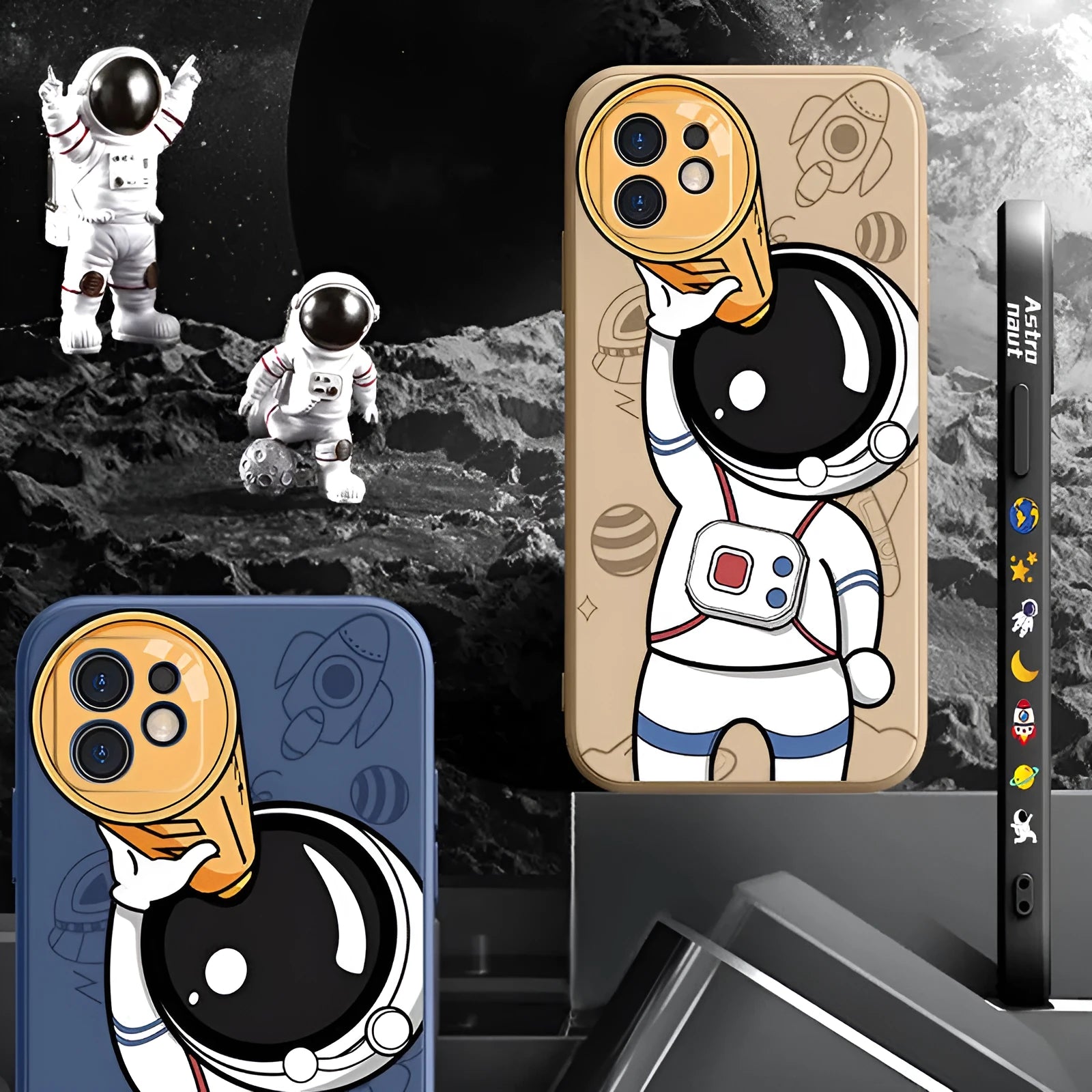 Colourful cartoon astronaut and planet design on a black silicone case for iPhone.
