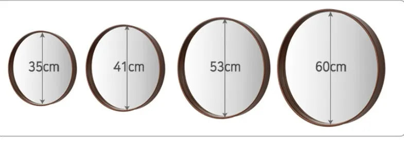 Round walnut-coloured solid wood hanging mirror with 30cm diameter and silvered glass