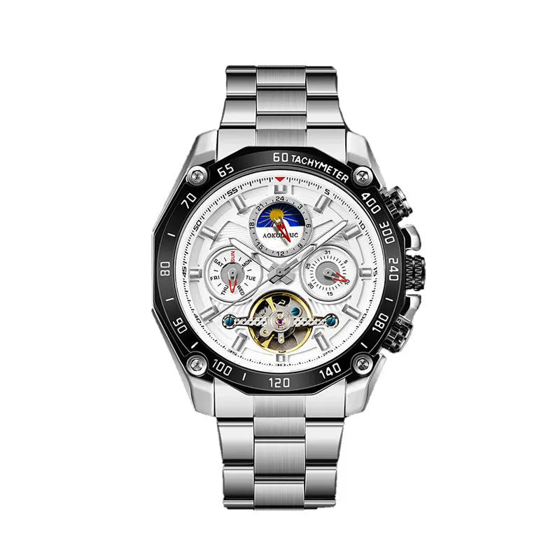 Men's automatic mechanical watch with metal case in various colour options showing 12mm thickness profile