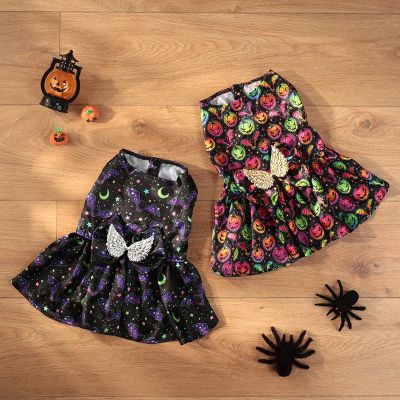 Halloween dog costume with angel wings in bright pumpkin design, showing front closure and wing extension