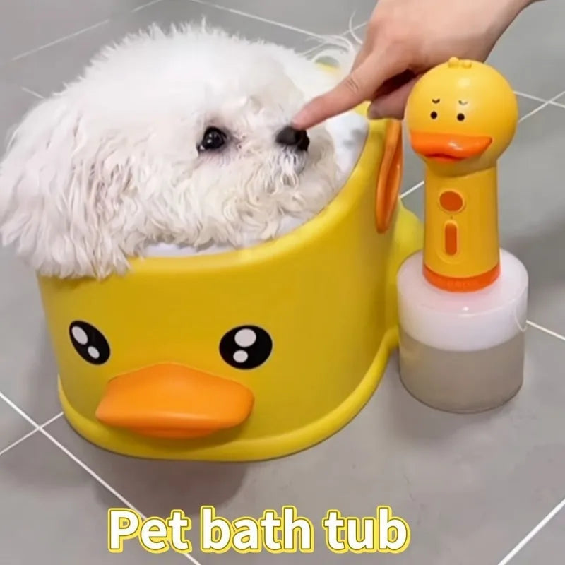 A blue PVC duck-shaped pet bathing pool for dogs and cats on a bathroom floor.