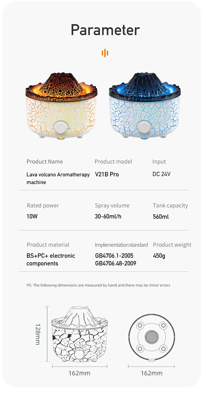 Volcanic humidifier diffuser with colourful flame effect mist and LED lighting